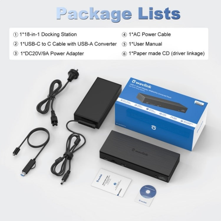 WAVLINK UG69PD8 Pro 18-in-1 DP / HD 5K Quadruple Display USB C Universal Docking Station, Plug:EU Plug by WAVLINK