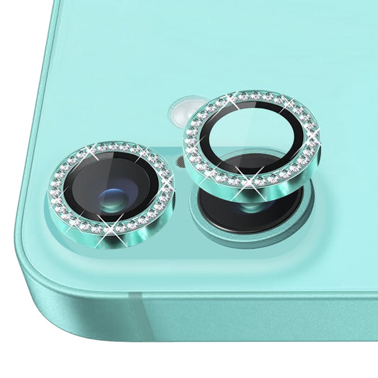 For iPhone 16 / 16 Plus NORTHJO Rhinestone Camera Lens Protector Tempered Glass Metal Ring Film(Cyan) by NORTHJO
