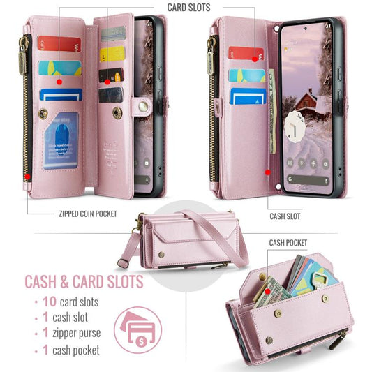 For Google Pixel 9a CaseMe C36 Card Slots Zipper Wallet RFID Anti-theft Leather Phone Case(Pink) - Google Cases by CaseMe | Online Shopping UK | buy2fix