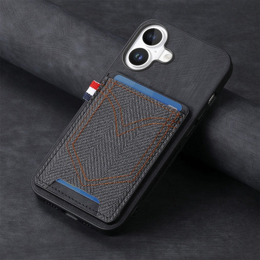 For iPhone 16 Denim Texture Leather Skin Phone Case with Card Slot(Black) by buy2fix