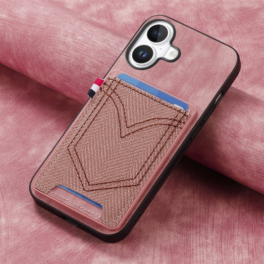 For iPhone 16 Denim Texture Leather Skin Phone Case with Card Slot(Pink) by buy2fix