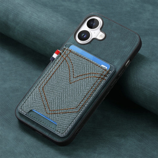 For iPhone 16 Plus Denim Texture Leather Skin Phone Case with Card Slot(Green) by buy2fix