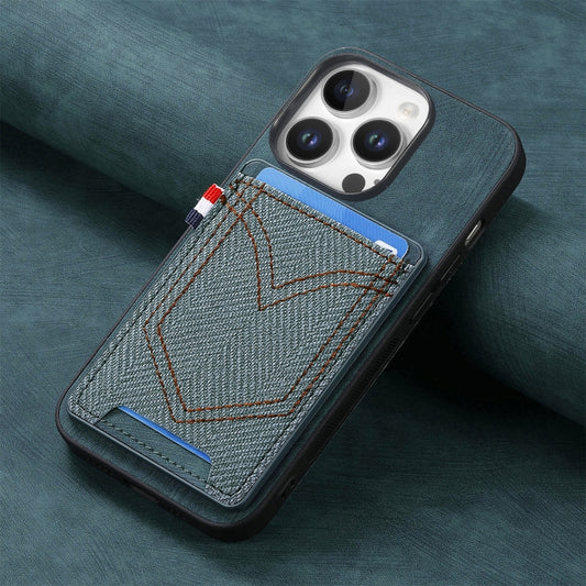 For iPhone 16 Pro Denim Texture Leather Skin Phone Case with Card Slot(Green) by buy2fix