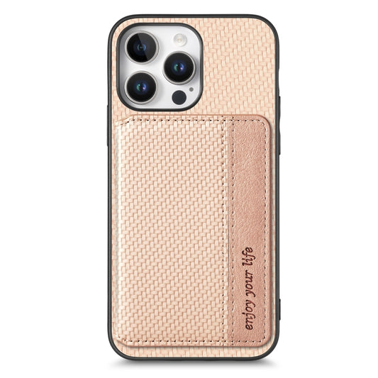 For iPhone 16 Pro Max Carbon Fiber Magnetic Card Wallet RFID Blocking Phone Case(Khaki) by buy2fix