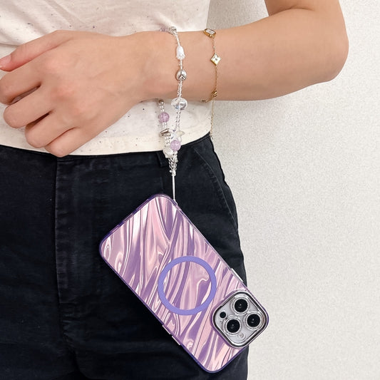 For iPhone 16 Pro Plating Texture Wristband MagSafe TPU Phone Case with Glitter Lens Film(Purple Tinfoil Texture) by buy2fix
