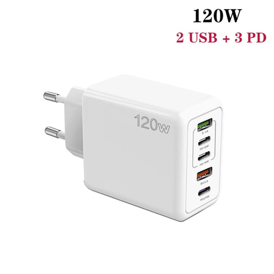 120W PD3.0 3 Type-C 2 USB Multi Port Quick Charger with Type-C to Type-C Cable, EU Plug(White) - USB Charger by buy2fix | Online Shopping UK | buy2fix