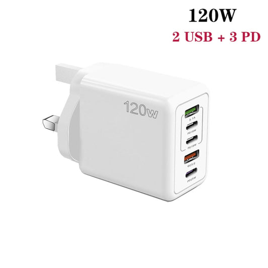 120W PD3.0 3 Type-C 2 USB Multi Port Quick Charger with Type-C to Type-C Cable, UK Plug(White) - USB Charger by buy2fix | Online Shopping UK | buy2fix