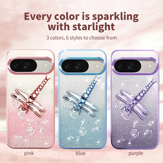 For Google Pixel 9 Gradient Glitter Immortal 3D Dragonfly Holder Plated Phone Case(Blue) by buy2fix