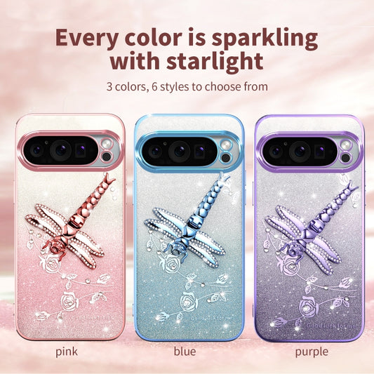 For Google Pixel 9 Pro XL Gradient Glitter Immortal 3D Dragonfly Holder Plated Phone Case(Purple) by buy2fix