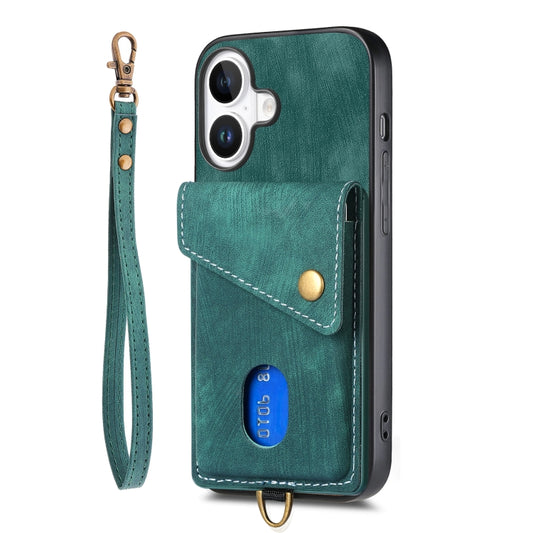 For iPhone 16 Retro Card Wallet Fold Leather Phone Case with Strap(Green) by buy2fix