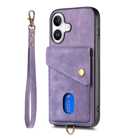 For iPhone 16 Retro Card Wallet Fold Leather Phone Case with Strap(Purple) by buy2fix