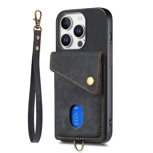 For iPhone 16 Pro Max Retro Card Wallet Fold Leather Phone Case with Strap(Black) by buy2fix
