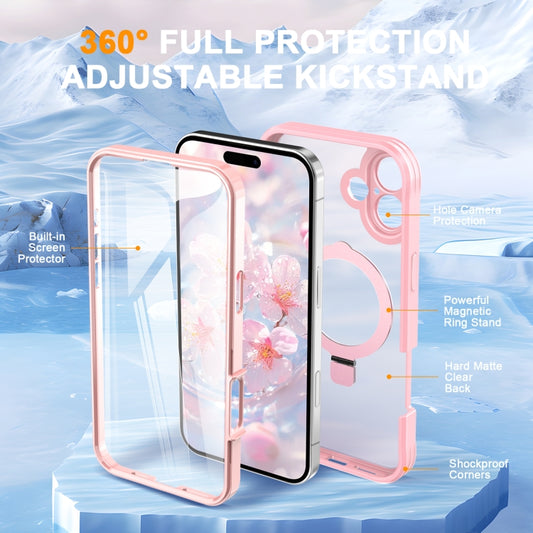 For iPhone 16 Skin Feel MagSafe Holder 360 Full Body Phone Case(Pink) by buy2fix