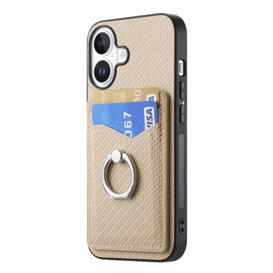 For iPhone 16 Carbon Fiber Card Wallet Ring Phone Case(Khaki) by buy2fix