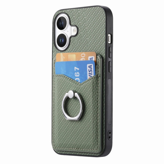 For iPhone 16 Carbon Fiber Card Wallet Ring Phone Case(Green) by buy2fix