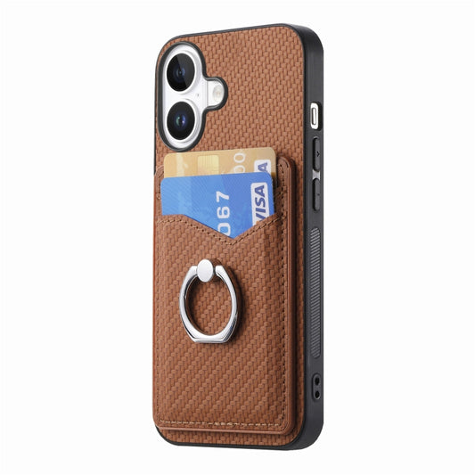 For iPhone 16 Carbon Fiber Card Wallet Ring Phone Case(Brown) by buy2fix