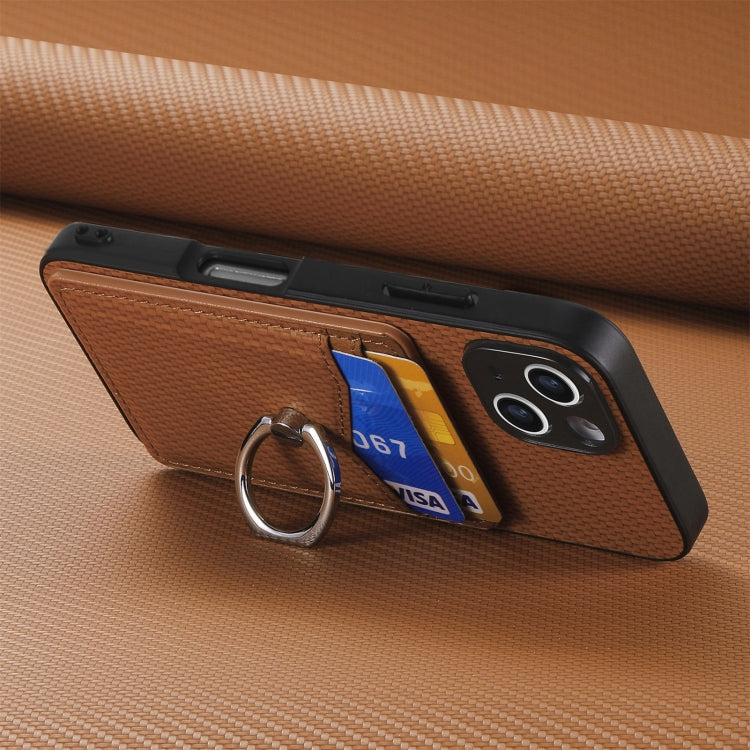 For iPhone 16 Carbon Fiber Card Wallet Ring Phone Case(Brown) by buy2fix