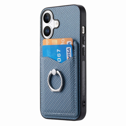 For iPhone 16 Plus Carbon Fiber Card Wallet Ring Phone Case(Blue) by buy2fix