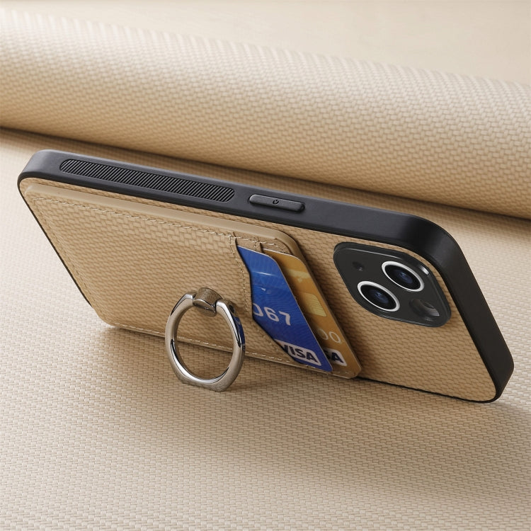 For iPhone 16 Pro Carbon Fiber Card Wallet Ring Phone Case(Khaki) by buy2fix