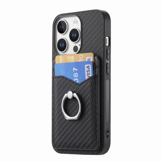 For iPhone 16 Pro Max Carbon Fiber Card Wallet Ring Phone Case(Black) by buy2fix