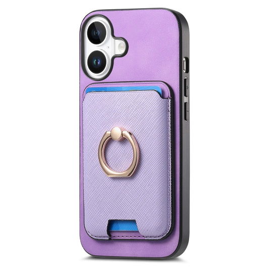 For iPhone 16 Plus Retro Cross Leather Card Bag MagSafe Phone Case(Purple) by buy2fix