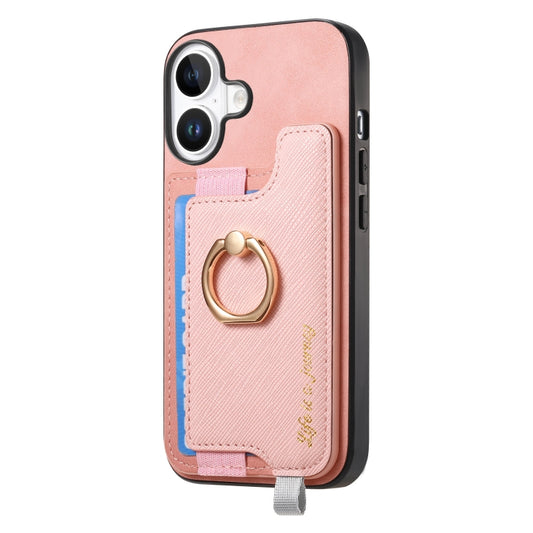 For iPhone 16 Retro Magsafe Cross Leather Ring Holder Card Bag Phone Case(Pink) - iPhone 16 Cases by buy2fix | Online Shopping UK | buy2fix