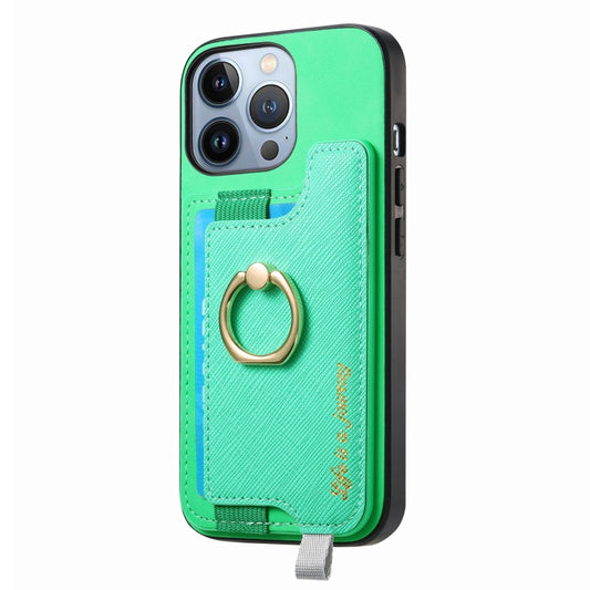 For iPhone 16 Pro Retro Magsafe Cross Leather Ring Holder Card Bag Phone Case(Green) by buy2fix
