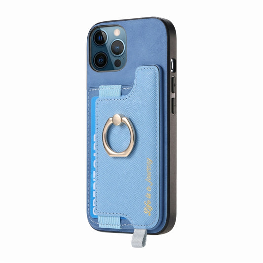 For iPhone 12 / 12 Pro Retro Magsafe Cross Leather Ring Holder Card Bag Phone Case(Blue) - More iPhone Cases by buy2fix | Online Shopping UK | buy2fix