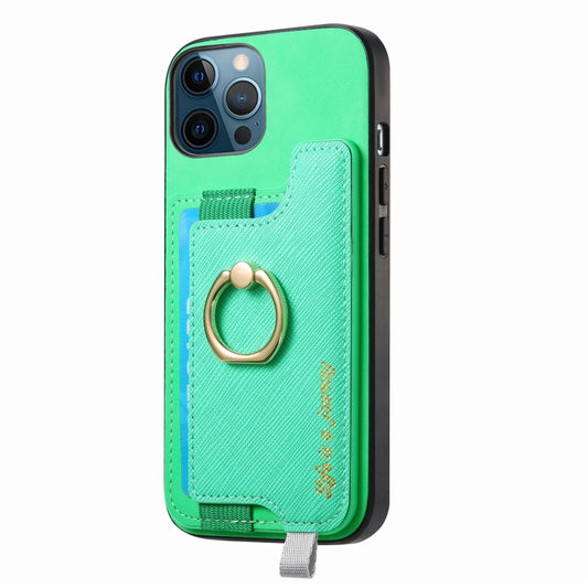 For iPhone 12 / 12 Pro Retro Magsafe Cross Leather Ring Holder Card Bag Phone Case(Green) - More iPhone Cases by buy2fix | Online Shopping UK | buy2fix