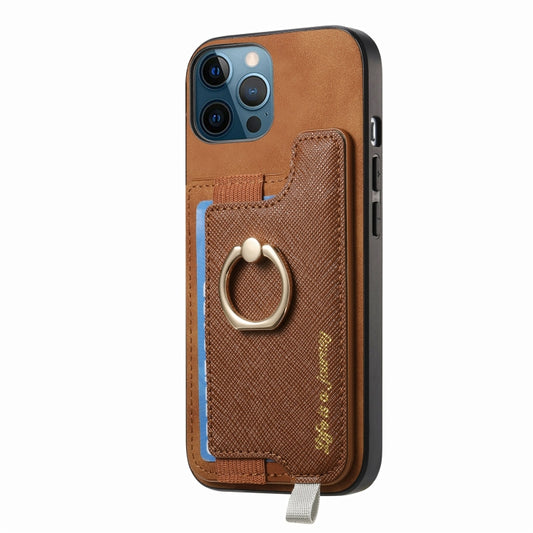 For iPhone 12 Pro Max Retro Magsafe Cross Leather Ring Holder Card Bag Phone Case(Brown) - iPhone 12 Pro Max Cases by buy2fix | Online Shopping UK | buy2fix