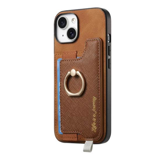 For iPhone 14 Plus Retro Magsafe Cross Leather Ring Holder Card Bag Phone Case(Brown) - iPhone 14 Plus Cases by buy2fix | Online Shopping UK | buy2fix