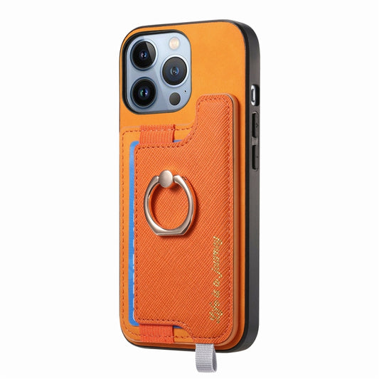 For iPhone 15 Retro Magsafe Cross Leather Ring Holder Card Bag Phone Case(Yellow) - iPhone 15 Cases by buy2fix | Online Shopping UK | buy2fix