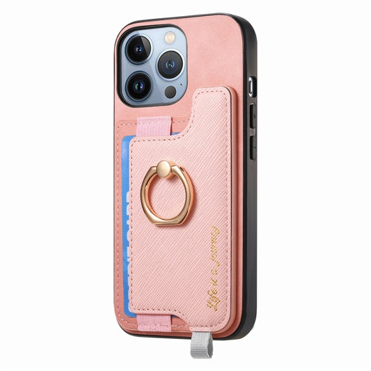For iPhone 15 Pro Retro Magsafe Cross Leather Ring Holder Card Bag Phone Case(Pink) - iPhone 15 Pro Cases by buy2fix | Online Shopping UK | buy2fix