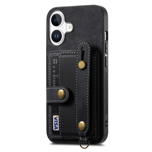 For iPhone 16 Retro Cross Wristband Wallet Leather Back Phone Case(Black) by buy2fix