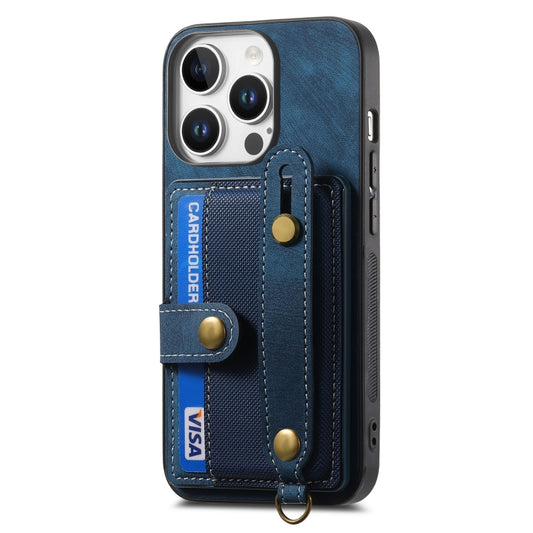 For iPhone 16 Pro Retro Cross Wristband Wallet Leather Back Phone Case(Blue) by buy2fix