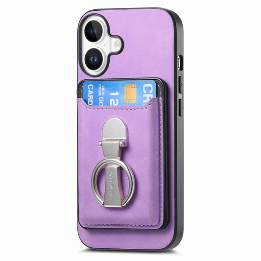 For iPhone 16 Retro Folding Ring Holder Card Bag MagSafe Phone Case(Purple) by buy2fix