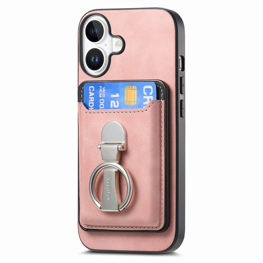 For iPhone 16 Plus Retro Folding Ring Holder Card Bag MagSafe Phone Case(Pink) by buy2fix