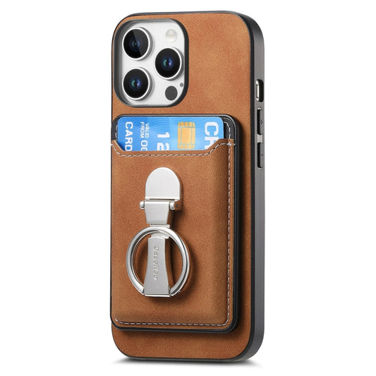 For iPhone 16 Pro Retro Folding Ring Holder Card Bag MagSafe Phone Case(Brown) by buy2fix