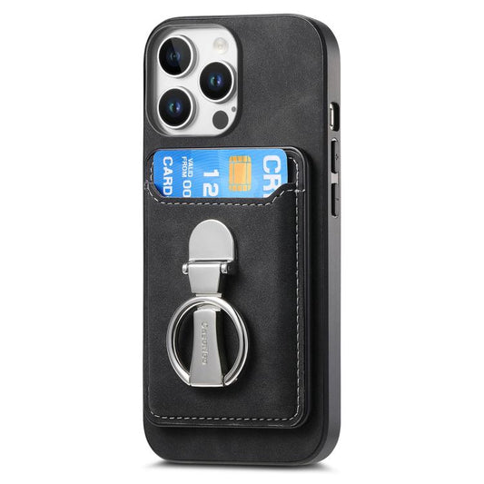 For iPhone 14 Retro Folding Ring Holder Card Bag MagSafe Phone Case(Black) - iPhone 14 Cases by buy2fix | Online Shopping UK | buy2fix