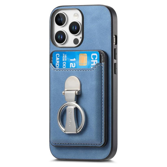 For iPhone 14 Retro Folding Ring Holder Card Bag MagSafe Phone Case(Blue) - iPhone 14 Cases by buy2fix | Online Shopping UK | buy2fix