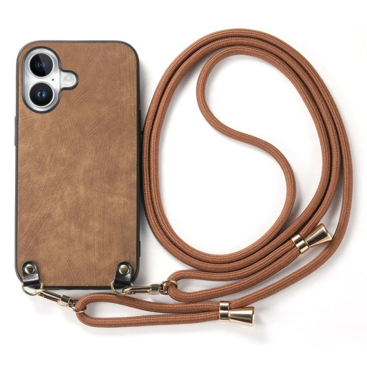 For iPhone 16 Plus Vintage Leather PC Back Cover Phone Case with Crossbody Strap(Brown) by buy2fix