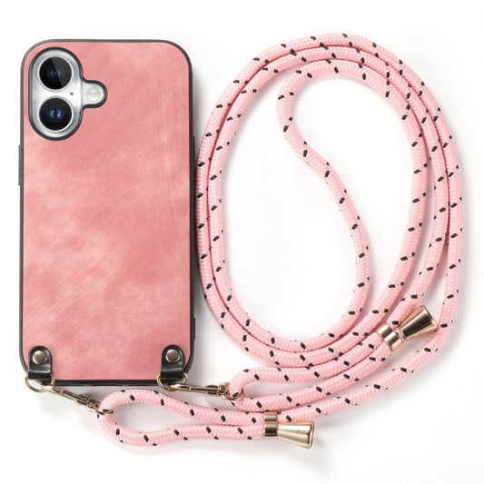 For iPhone 16 Vintage Leather PC Back Cover Phone Case with Crossbody Strap(Pink) by buy2fix