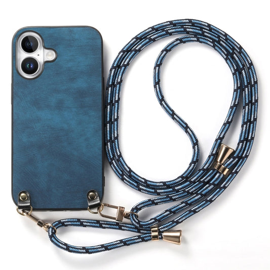For iPhone 16 Vintage Leather PC Back Cover Phone Case with Crossbody Strap(Blue) by buy2fix