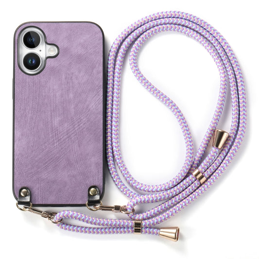 For iPhone 16 Vintage Leather PC Back Cover Phone Case with Crossbody Strap(Purple) by buy2fix