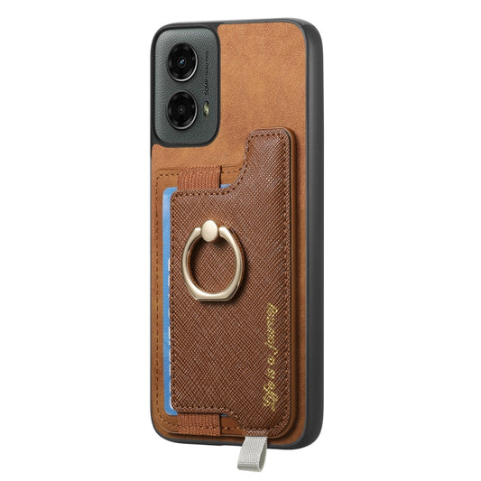For Motorola Moto G 5G 2024 Retro Magsafe Cross Leather Ring Holder Card Bag Phone Case(Brown) by buy2fix