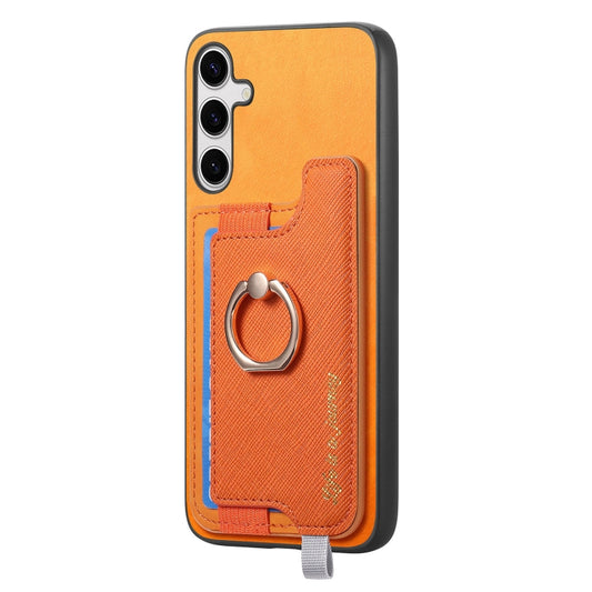 For Samsung Galaxy S25 5G Retro Cross Leather Ring Horizontal Insert Card Bag MagSafe Phone Case(Yellow) by buy2fix