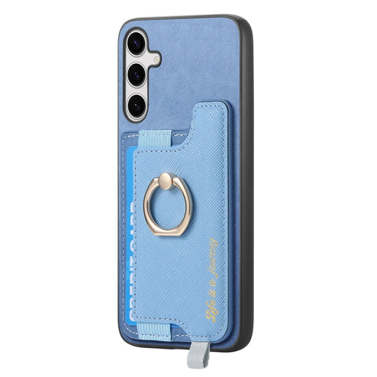 For Samsung Galaxy S25 Ultra 5G Retro Cross Leather Ring Horizontal Insert Card Bag MagSafe Phone Case(Blue) by buy2fix