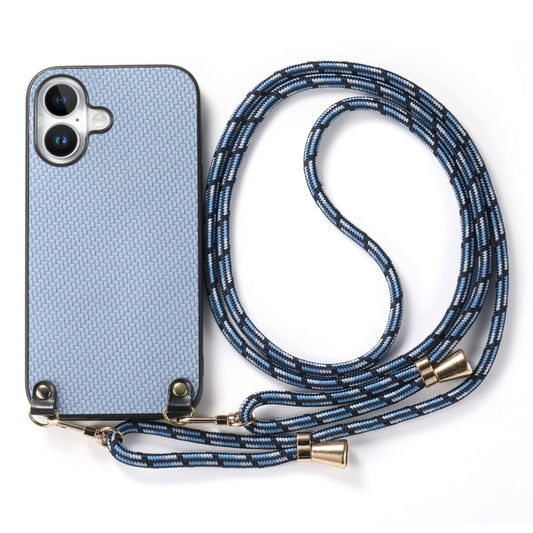 For iPhone 16 Carbon Fiber Texture Leather Back Phone Case with Crossbody Strap(Blue) by buy2fix