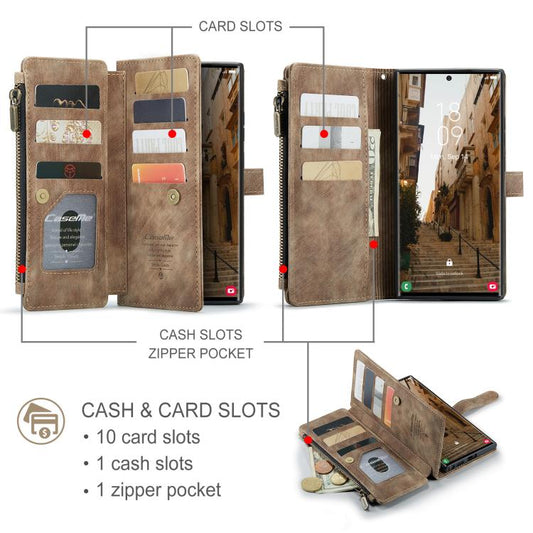 For Samsung Galaxy S25 Ultra 5G CaseMe C30 Card Slots Zipper Wallet Leather Phone Case(Brown) - Galaxy S25 Ultra 5G Cases by CaseMe | Online Shopping UK | buy2fix