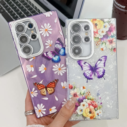 For Samsung Galaxy S25 Ultra 5G Plating Texture Butterfly TPU Phone Case with Glitter Lens Film(Purple Butterflies HU4) by buy2fix